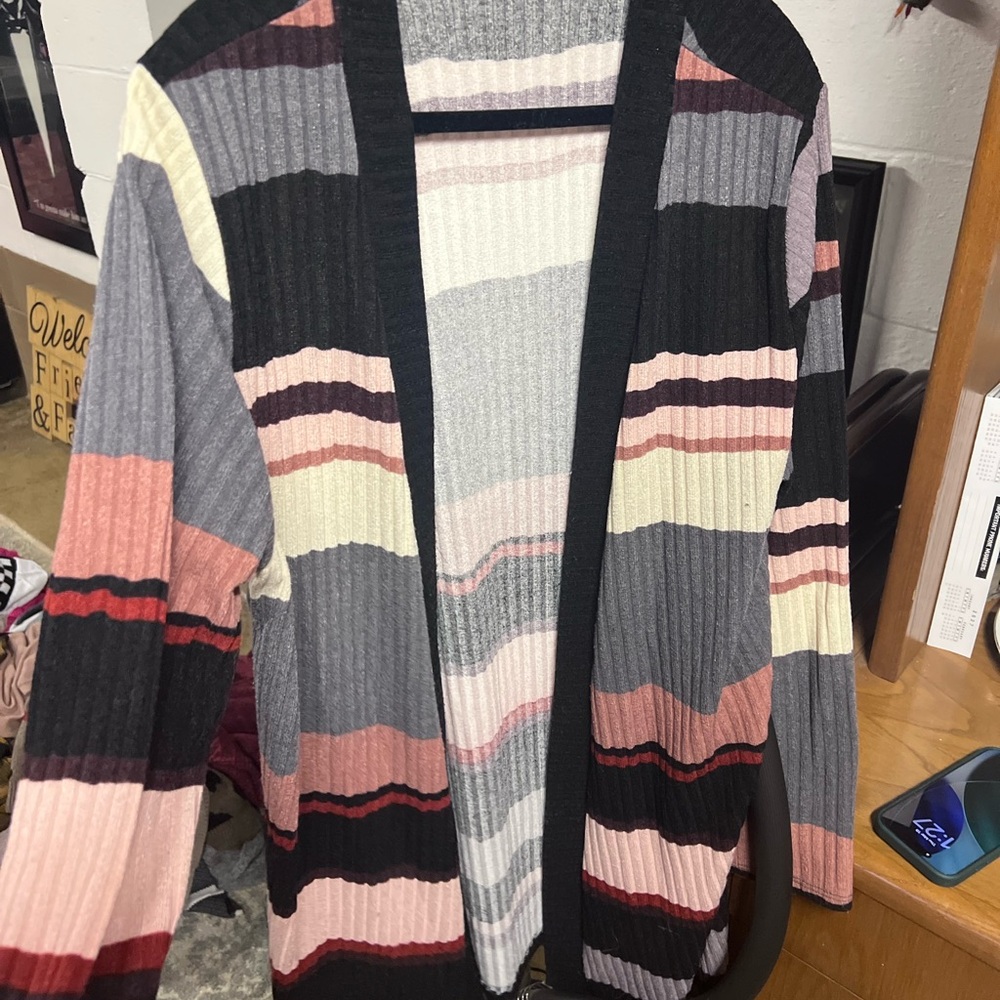 Long Striped Open-Front Women's Cardigan Sweater - Multi Pink/Grey